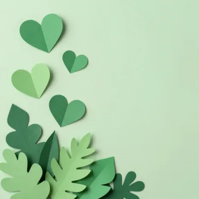 Green Paper Hearts and Leaves in Soft Light - Background - AI generated image