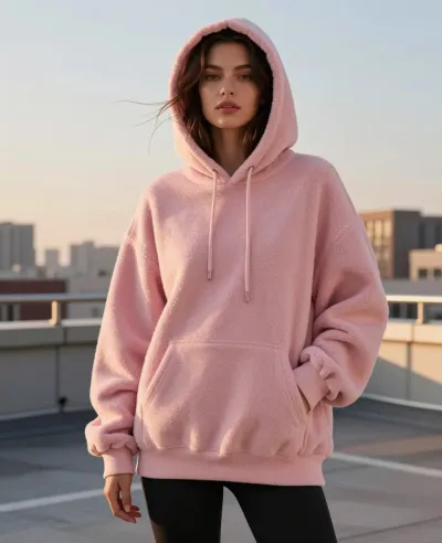 Person in Fluffy Pink Hoodie on Rooftop at Sunset - Fashion - AI generated image