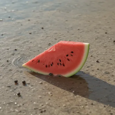 Watermelon Wedge Floating on Sandy Beach - Food - AI generated image