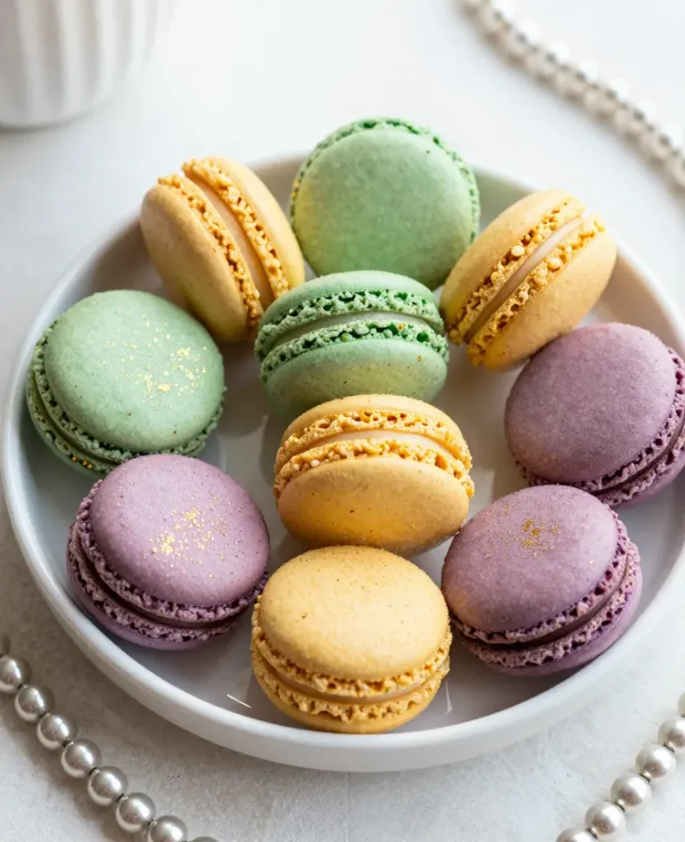 Mardi Gras Macarons Arranged on White Plate - Food - AI generated image