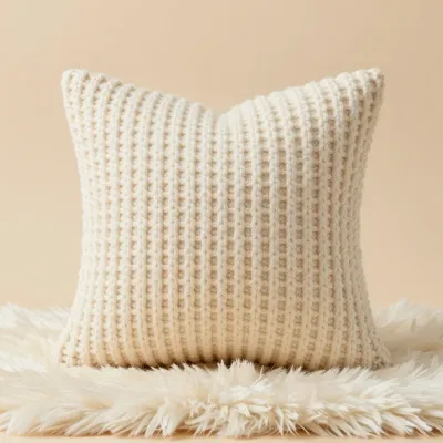 Cream Knit Pillow on Fluffy Rug - Furniture - AI generated image