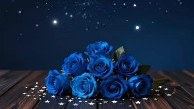 Midnight Blue Roses Gleaming on Wooden Surface - Flowers - AI generated image