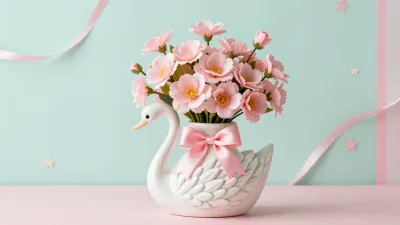 Ceramic Swan Vase with Pink Flowers - Decor - AI generated image