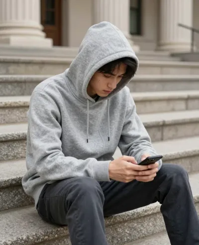 Young Person Using Smartphone on Library Steps - People - AI generated image