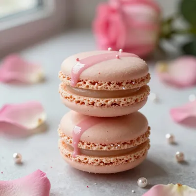 Rose-Glazed Macarons with Pearls - Food - AI generated image