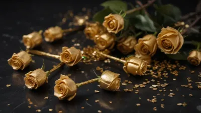 Golden Roses Scattered on Dark Surface - Flowers - AI generated image