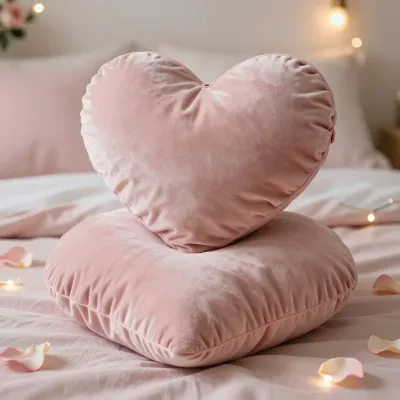 Soft Pink Velvet Heart Pillow in Bedroom - Bedroom - AI generated image