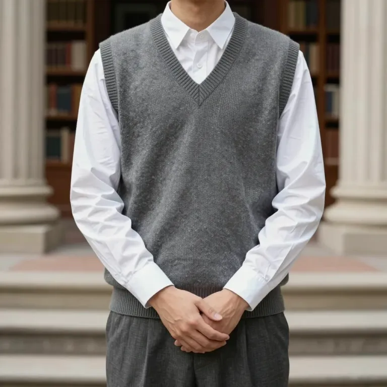 Person in Gray Sweater Vest and White Shirt in Grand Library - Fashion - AI generated image