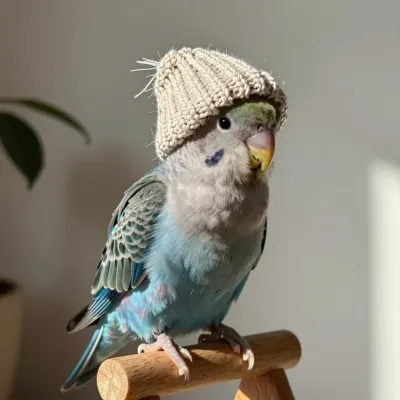 Parrot Wearing Knitted Beanie Perched on Wooden Perch - Birds - AI generated image