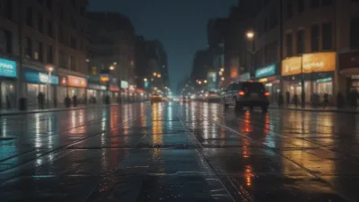 Wet Pavement Reflecting Neon Lights at Night - Urban - AI generated image