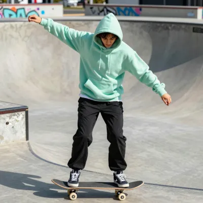 Skateboarder in Mint-Green Hoodie at Skatepark Bowl - People - AI generated image