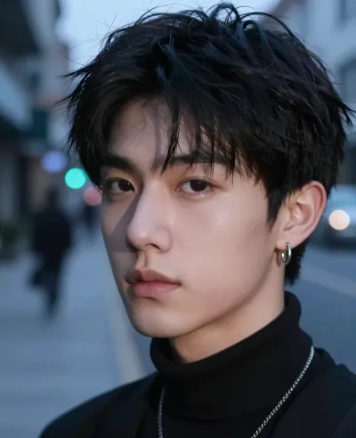 Young Individual with Tousled Hair in Urban Street - Portrait - AI generated image