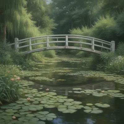 Wooden Bridge Over Lily Pads in Soft Light - Landscapes - AI generated image