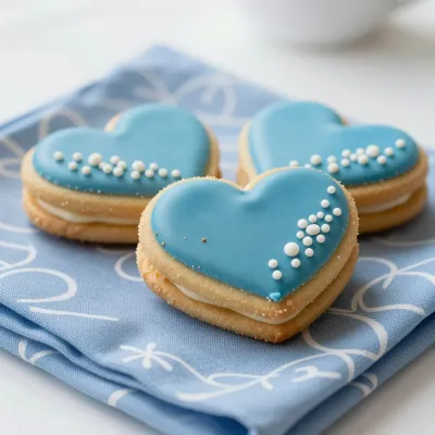 Heart-Shaped Sandwich Cookies with Light Blue Icing - Bakery - AI generated image