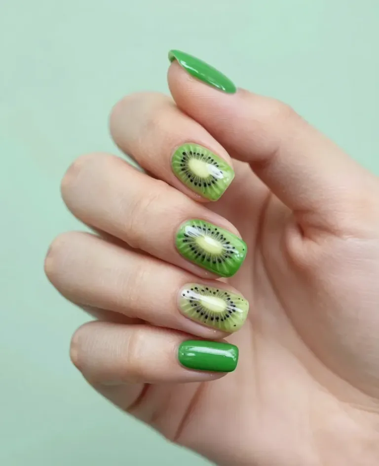 Green-Painted Hand with Kiwi Nail Art - Beauty - AI generated image