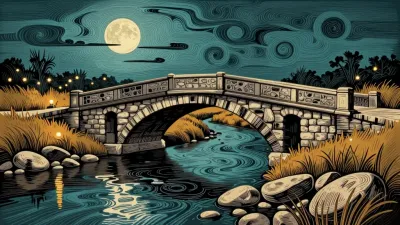 Stone Bridge with Intricate Carvings and Lanterns at Night - Architecture - AI generated image