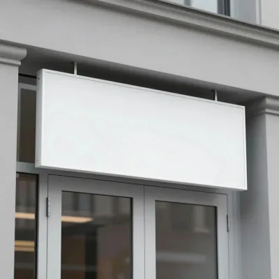 White Sign Hanging from Modern Building - Architecture - AI generated image