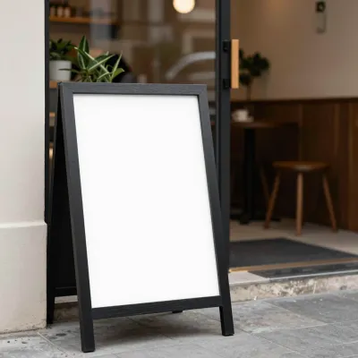 Glossy Black A-frame Chalkboard Frame in Cozy Café - Furniture - AI generated image