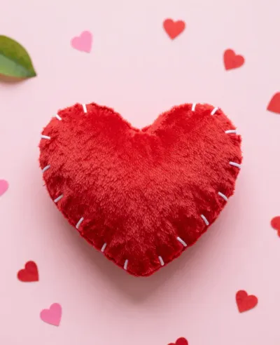 Red Plush Heart Softly Lit with Confetti - Decor - AI generated image