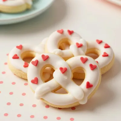 Sugar-Glazed Pretzel Rings with Red Hearts - Food - AI generated image
