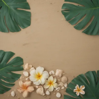 Monstera Leaves Framing Plumeria Flowers on Sandy Beach - Flowers - AI generated image