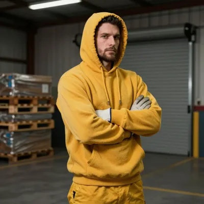 Man in Yellow Hoodie Arms Crossed Warehouse - People - AI generated image