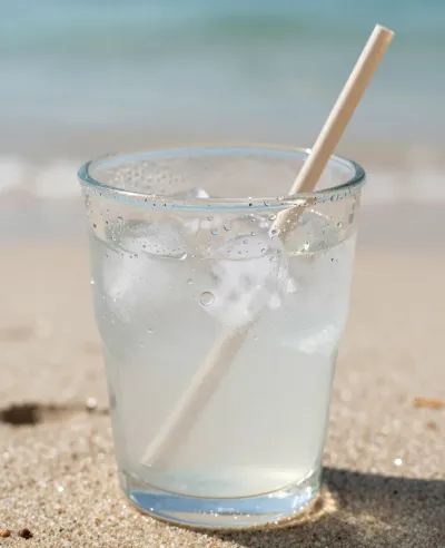 Sparkling Water with Ice and Straw on Sandy Beach - Drinks - AI generated image