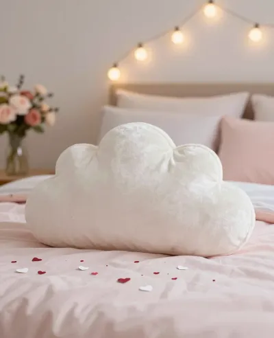 Cloud-Shaped Pillow Softly Lit in Cozy Bedroom - Furniture - AI generated image
