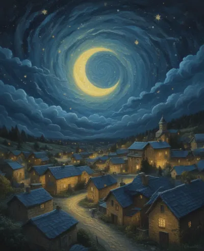 Village Houses Under Swirling Night Sky - Architecture - AI generated image