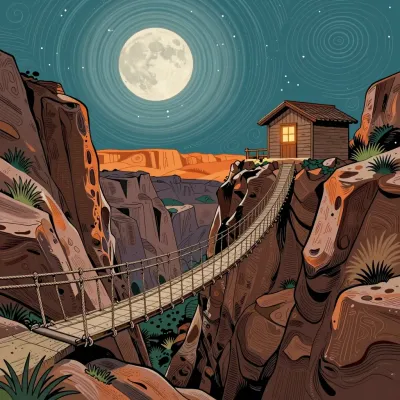 Rope Bridge Crossing Canyon at Night - Architecture - AI generated image