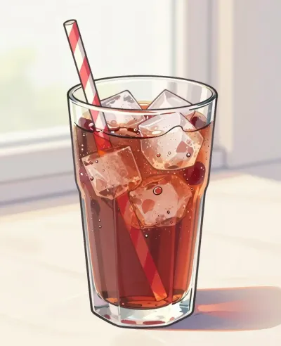 Cherry Soda with Ice Cubes and Striped Straw - Food and Drink - AI generated image
