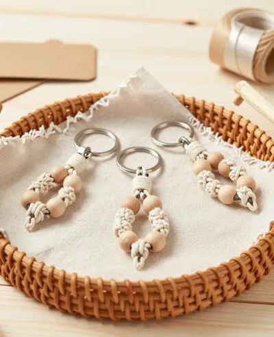 Macrame Keychains in Woven Basket - Jewelry - AI generated image