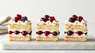 Three-Layered Cakes with Cherry Sauce and White Frosting - Food - AI generated image