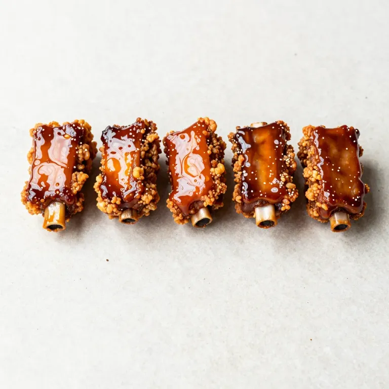 Five Baby Back Ribs Coated in Glossy Glaze on Beige Background - Gastronomy - AI generated image