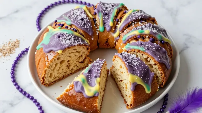 King Cake Sliced with Purple and Green Icing - Food - AI generated image