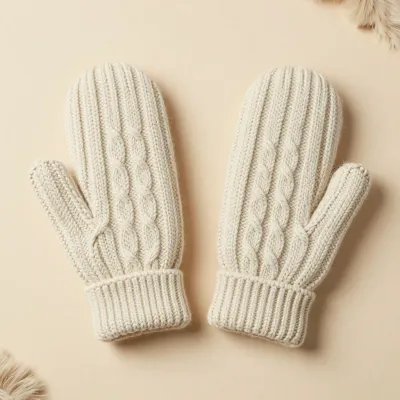 Cream Cable-Knit Mittens Softly Lit - Fashion - AI generated image