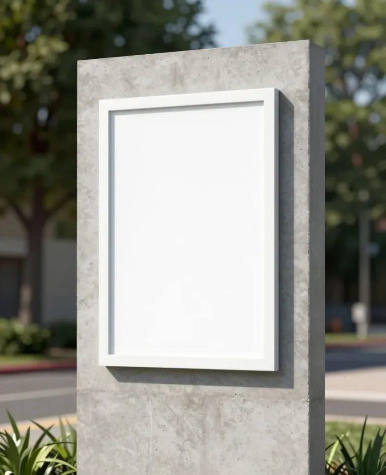 Concrete Monolith Sign with White Frame in Park - Architecture - AI generated image