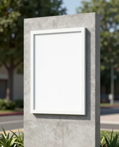 Concrete Monolith Sign with White Frame in Park - Architecture - AI generated image