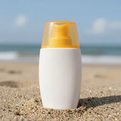 Sunscreen Bottle on Sandy Beach - Beauty - AI generated image
