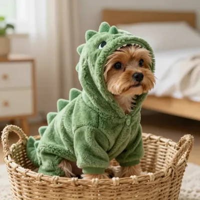 Yorkshire Terrier in Dinosaur Costume on Basket - Pet - AI generated image