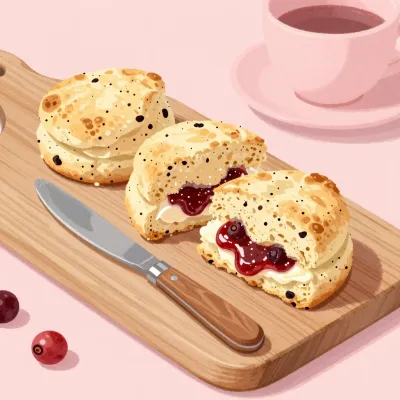 Split Cranberry Scones with Jam and Cream - Bakery - AI generated image