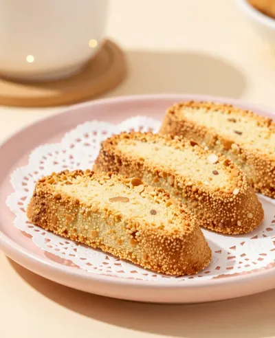 Almond Biscotti on Lace Doily - Bakery - AI generated image
