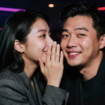 Woman Whispering into Man's Ear in Nightclub - Portrait - AI generated image