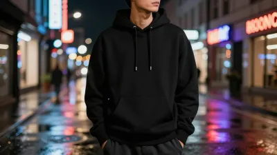 Person in Black Hoodie on Neon Street at Night - Fashion - AI generated image