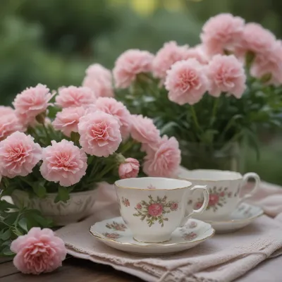 Pink Carnations and Vintage Teacups in Soft Light - Flowers - AI generated image