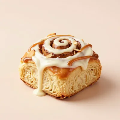 Almond-Icing Twist Bun with Caramel Drizzle - Bakery - AI generated image