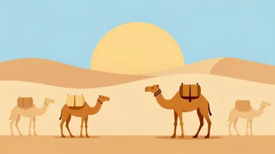 Camel Caravan Moving Across Desert at Sunset - Desert - AI generated image