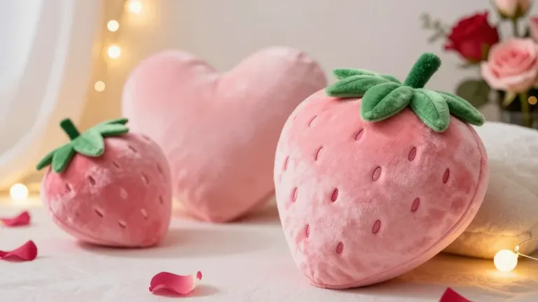 Plush Strawberry Cushions Softly Lit in Romantic Setting - Fashion - AI generated image