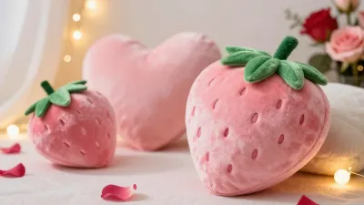 Plush Strawberry Cushions Softly Lit in Romantic Setting - Fashion - AI generated image
