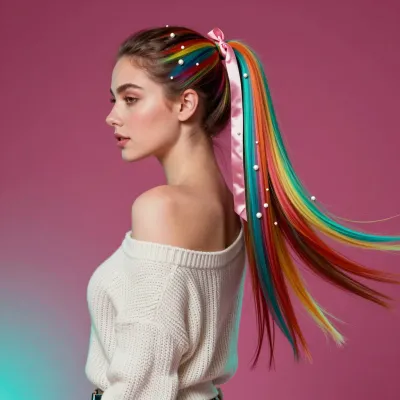 Rainbow-Haired Woman in High Ponytail - Fashion - AI generated image